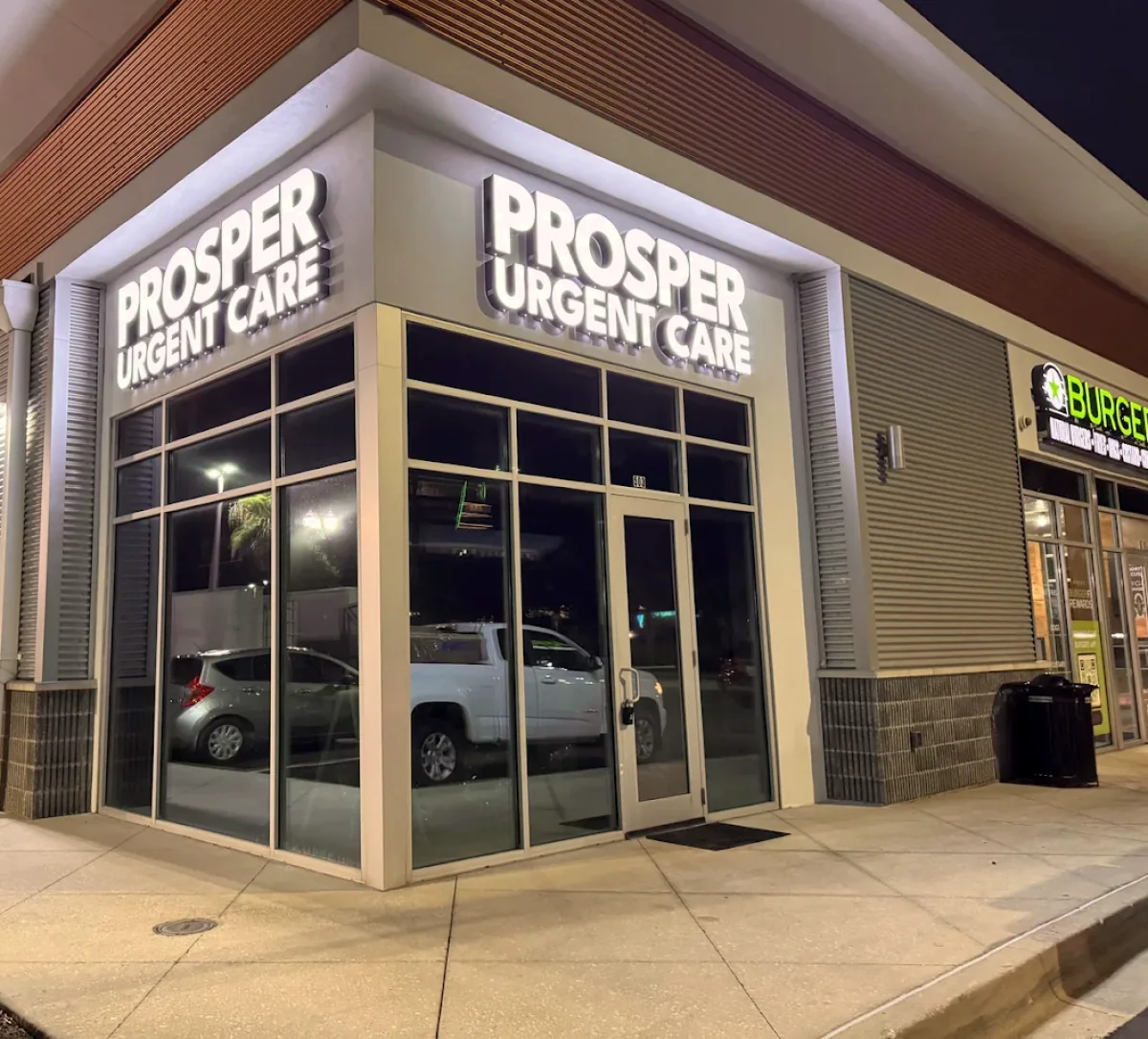 Prosper Urgent Care storefront at 108 Riverside Ave, next to BurgerFi